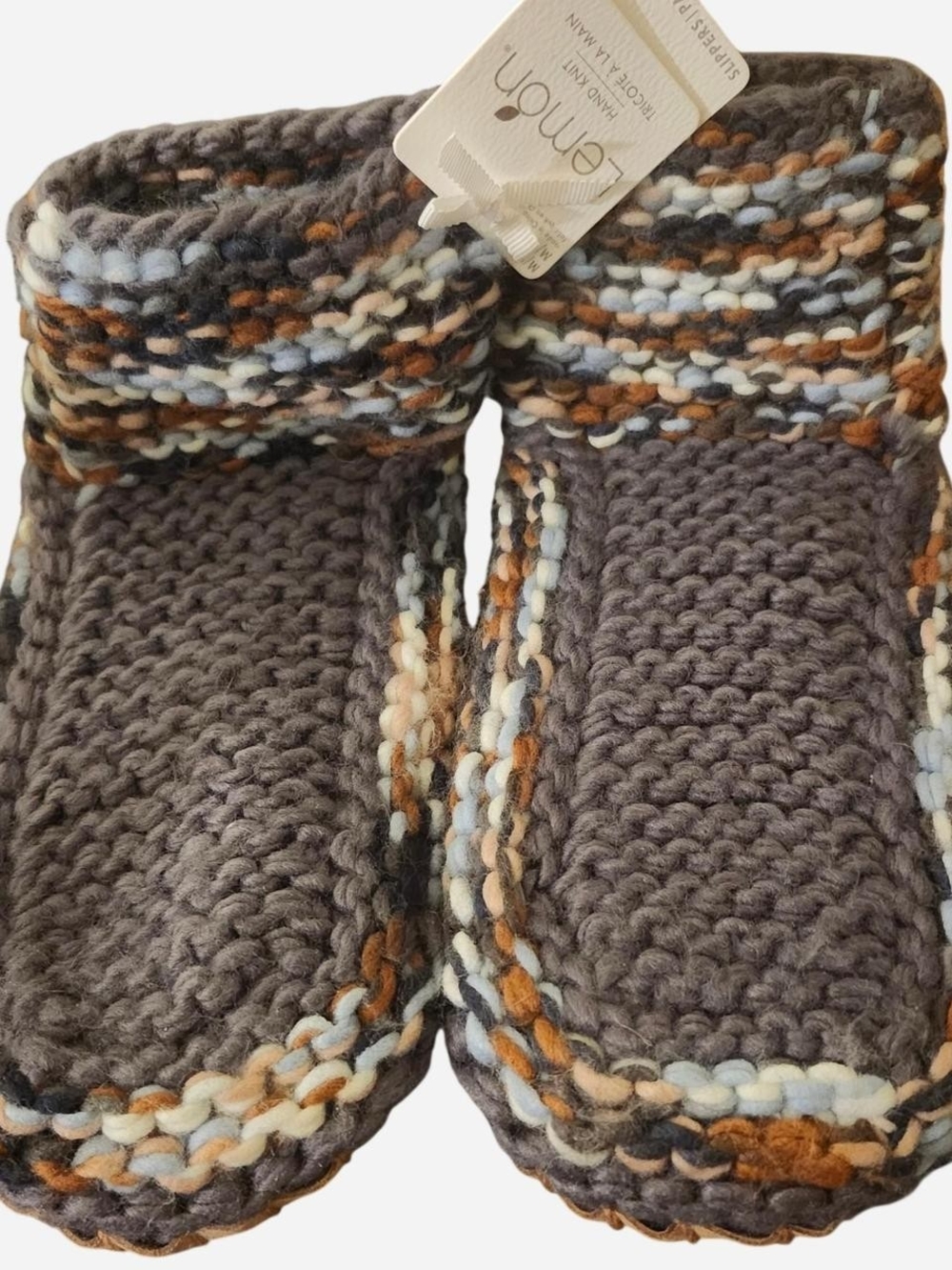 Lemon Women's Hand Knit Slipper Socks - Gray with Brown, Cream & Blue Accents